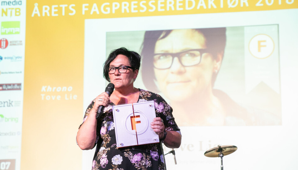Ansvarlig redaktør for Khrono er Tove Lie. Tidligere i år ble hun kåret til Årets fagpresseredaktør. Foto: Audun Braastad / NTB scanpix Ansvarlig redaktør for Khrono er Tove Lie. Tidligere i år ble hun kåret til Årets fagpresseredaktør. Foto: Audun Braastad / NTB scanpix