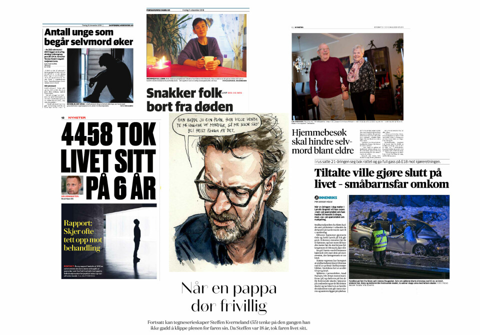 Et utvalg avisoppslag om selvmord fra siste del av 2018. Faksimile: Sarpsborg Arbeiderblad, Porsgrunn Dagblad, Bergens Tidende og VG.