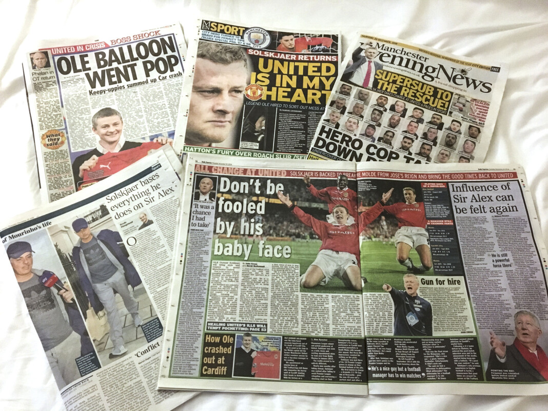 Britiske aviser har publisert tusenvis av artikler om Ole Gunnar Solskjær de siste ukene. Foto: Espen Hartvig / NTB scanpix Britiske aviser har publisert tusenvis av artikler om Ole Gunnar Solskjær de siste ukene. Foto: Espen Hartvig / NTB scanpix