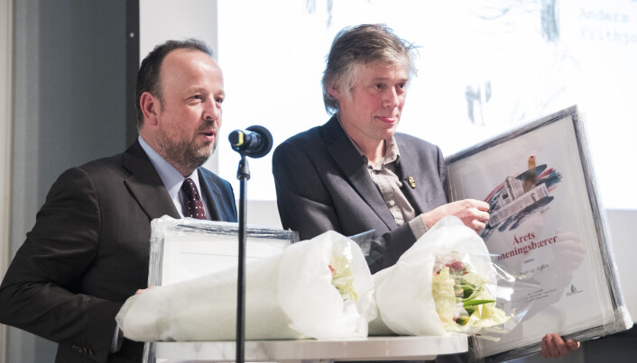 Frithjof Jacobsen (t.v) her sammen med Anders Giæver da de mottok pris fra Oslo redaktørforening i 2018. Foto: Håkon Mosvold Larsen/NTB Scanpix Frithjof Jacobsen (t.v) her sammen med Anders Giæver da de mottok pris fra Oslo redaktørforening i 2018. Foto: Håkon Mosvold Larsen/NTB Scanpix