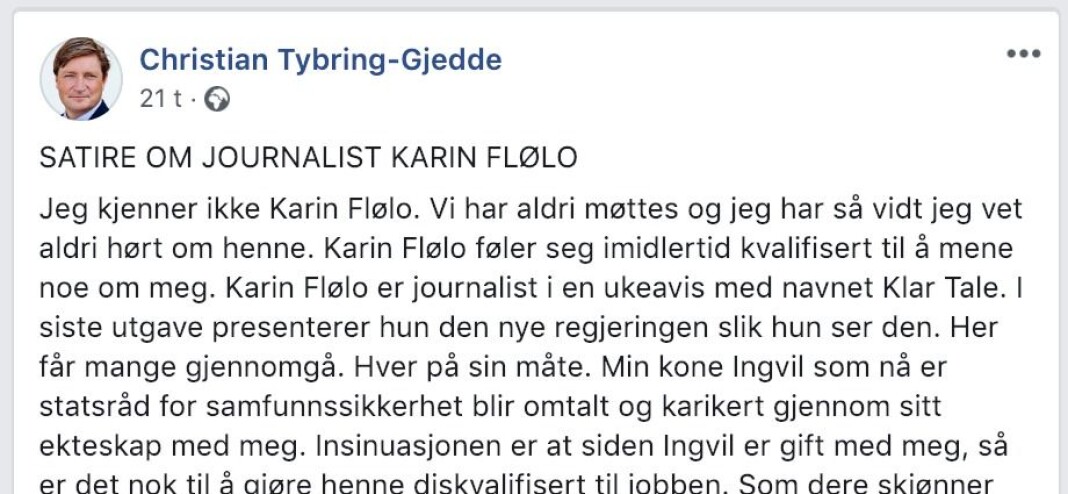 Skjermdump fra Facebook. Se hele innlegget til Christian Tybring-Gjedde nederst i artikkelen. Skjermdump fra Facebook. Se hele innlegget til Christian Tybring-Gjedde nederst i artikkelen.