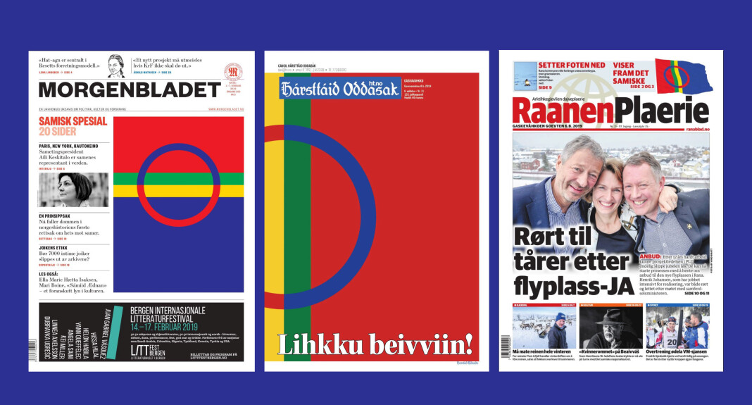 Morgenbladet, Harstad Tidende og Rana Blad har alle samiske flagg på sine forsider, de to sistnevnte har også samiske navn for anledninga. Morgenbladet, Harstad Tidende og Rana Blad har alle samiske flagg på sine forsider, de to sistnevnte har også samiske navn for anledninga.