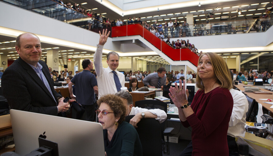 Jill Abramson (til høyre) fra tiden som sjefredaktør i New York Times. Fra venstre administrerende direktør Mark Thompson, assisterende nyhetsredaktør Susan Chira og publisher Arthur Sulzberger jr. Foto: Ruth Fremson / Reuters / NTB scanpix Jill Abramson (til høyre) fra tiden som sjefredaktør i New York Times. Fra venstre administrerende direktør Mark Thompson, assisterende nyhetsredaktør Susan Chira og publisher Arthur Sulzberger jr. Foto: Ruth Fremson / Reuters / NTB scanpix