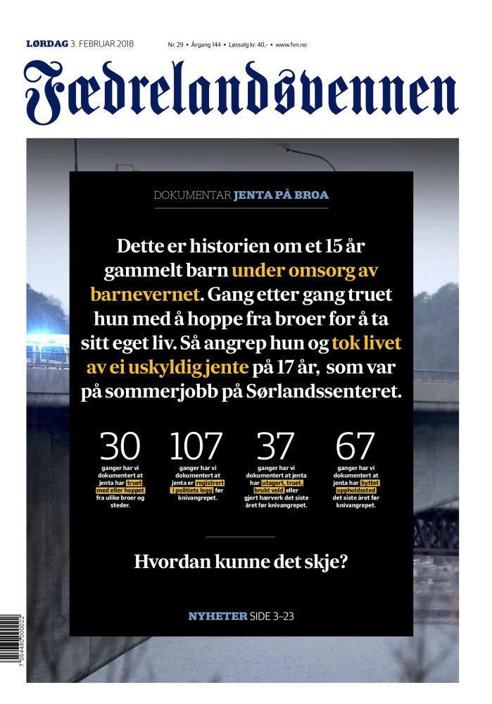 Slik så forsida av Fædralandsvennen ut da de publiserte «Jenta på broa» lørdag 3. februar 2018. Faksimile Slik så forsida av Fædralandsvennen ut da de publiserte «Jenta på broa» lørdag 3. februar 2018. Faksimile
