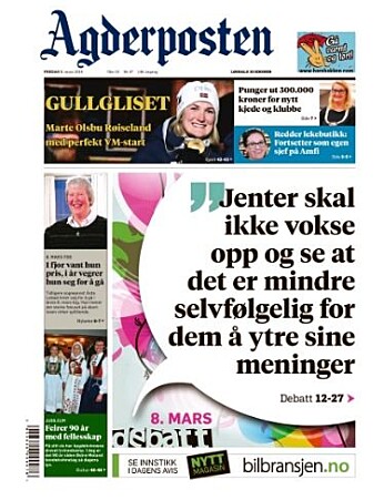 Agderpostens førsteside i dag. Agderpostens førsteside i dag.