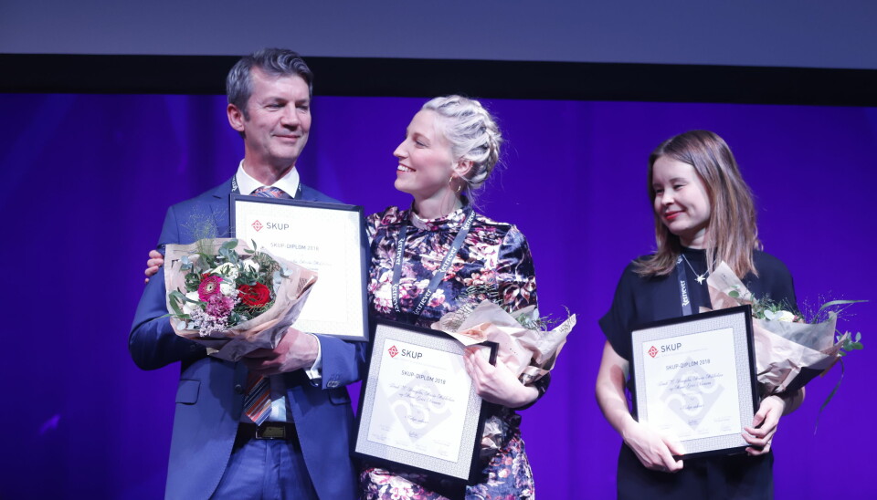 Frank Haugsbø, Mona Grivi Norman og Maria Mikkelsen vant Skup-diplom for Tolga-saken. Foto: Eskil Wie Furunes