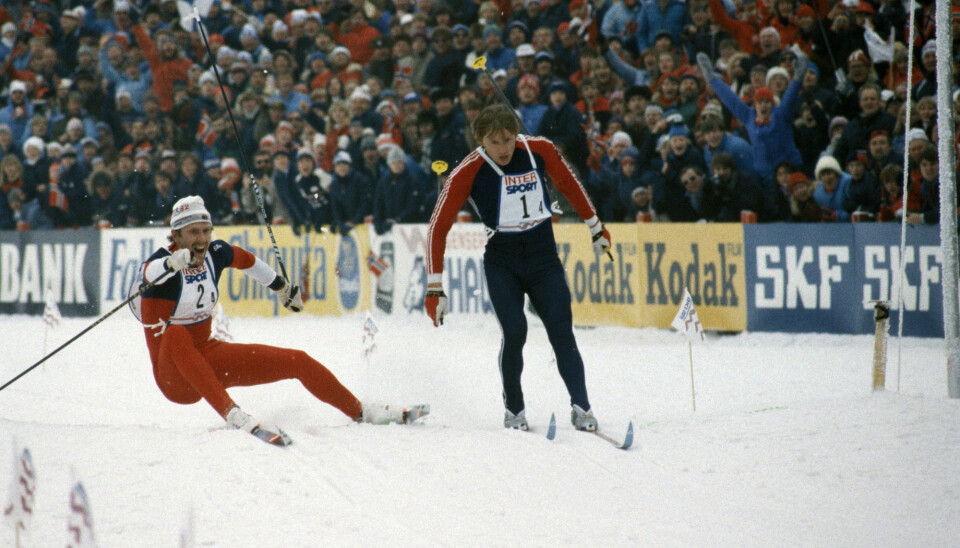 Journalisten vet at dette bildet fra ski-VM 1982, fra målgangen i stafetten der Oddvar Brå brakk staven, er ett av bildene som nå utløser krav til nettsteder som har brukt det uten tillatelse. Foto: NTB Scanpix