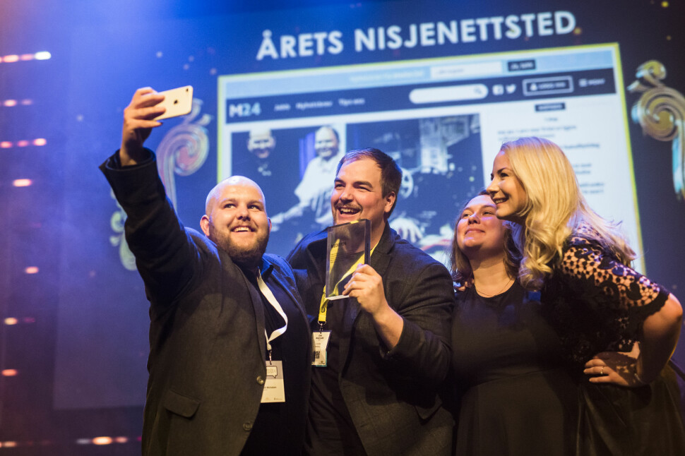 Medier24 på scenen i 2018: Fra venstre Gard L. Michalsen, Erik Waatland, Eira Lie Jor og Julie Hansson Tangen. Arkivfoto: Kristine Lindebø