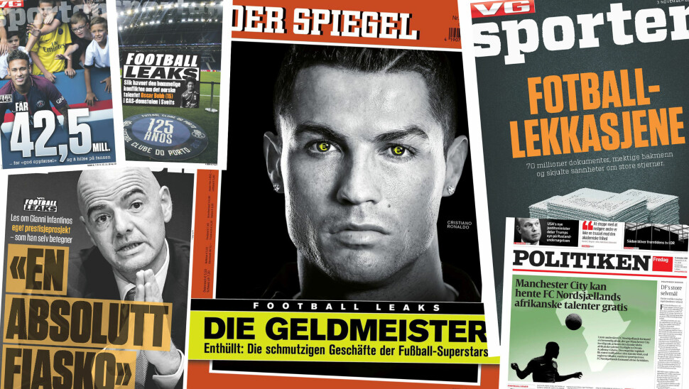 Montasje av forsider fra VGs sportsbilag, samt tyske Der Spiegel og danske Politiken, i forbindelse med avsløringene rundt Football Leaks-dokumentene.
