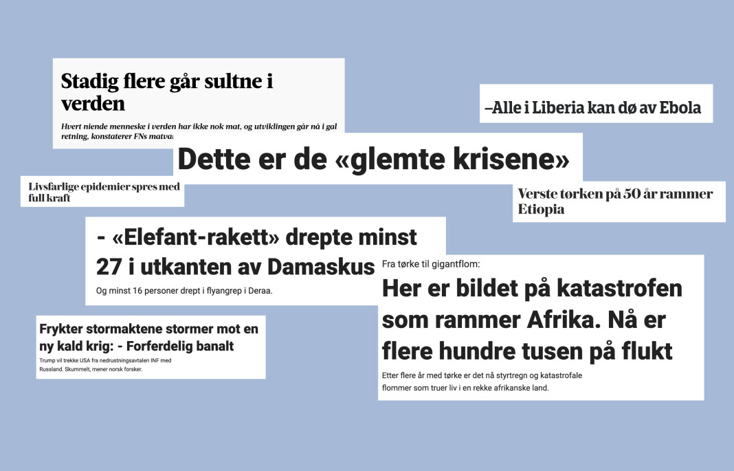 Et utvalg eksempler på overskrifter fra negativt vinklede saker om krig,
konflikt, helse, fattigdom og sult i land i Afrika sør for Sahara, Sør-Asia, Sørøst-Asia, Midtøsten og Latin-Amerika. Et utvalg eksempler på overskrifter fra negativt vinklede saker om krig,
konflikt, helse, fattigdom og sult i land i Afrika sør for Sahara, Sør-Asia, Sørøst-Asia, Midtøsten og Latin-Amerika.