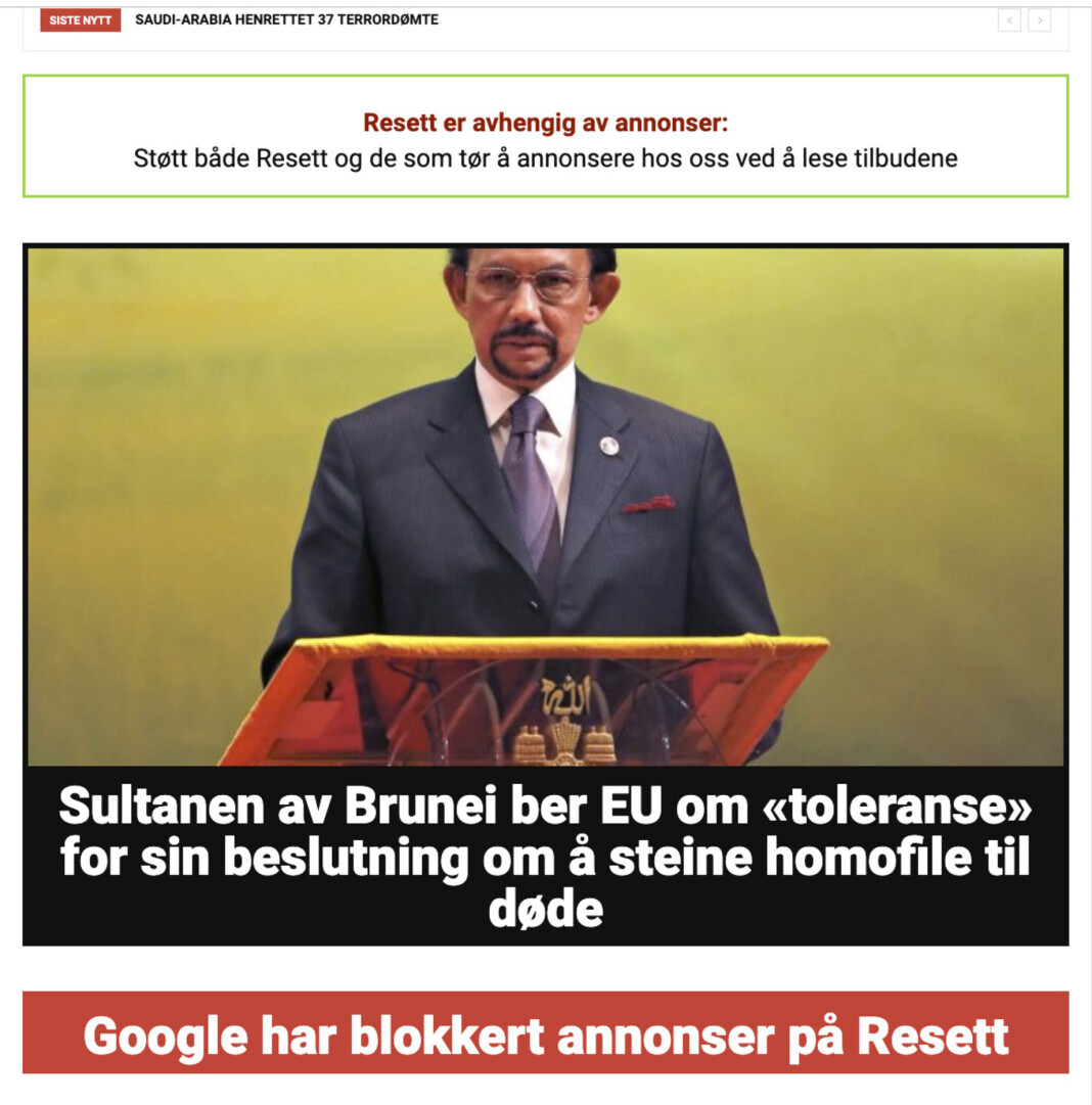 Flere store annonsører svartelister nettstedet Resett.no etter Twitter-kampanje. Skjermbilde av nettstedet tirsdag ettermiddag. Foto: Skjermbilde / NTB scanpix Flere store annonsører svartelister nettstedet Resett.no etter Twitter-kampanje. Skjermbilde av nettstedet tirsdag ettermiddag. Foto: Skjermbilde / NTB scanpix
