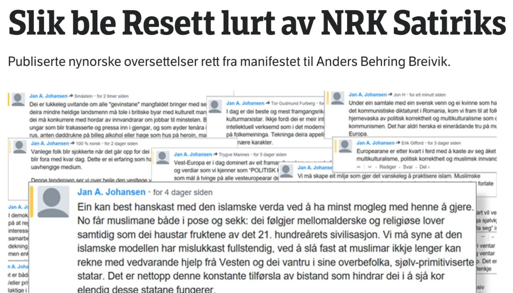 Kringskastingsrådet må torsdag ta stilling til 100 klager på Satiriks-satire. Blant annet da de lekte seg i kommentarfeltet til Resett. Skjerdump fra nrk.no Kringskastingsrådet må torsdag ta stilling til 100 klager på Satiriks-satire. Blant annet da de lekte seg i kommentarfeltet til Resett. Skjerdump fra nrk.no