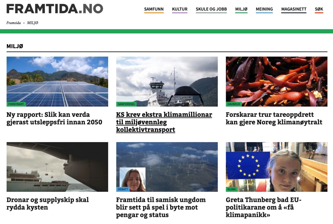 Nyheter om klima på nynorsk slår an blant leserne til Framtida.no. Til sammen har redaksjonen nå fått 450.000 kroner til sin klimasatsing fra Fritt Ord. Skjermdump Framtida.no Nyheter om klima på nynorsk slår an blant leserne til Framtida.no. Til sammen har redaksjonen nå fått 450.000 kroner til sin klimasatsing fra Fritt Ord. Skjermdump Framtida.no