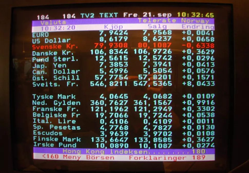 TV 2s gamle tekst-TV-tjeneste, som nå er lagt ned. GET sier det ikke er tekst-TV i deres nye dekodere. Foto: Per Løchen / NTB scanpix