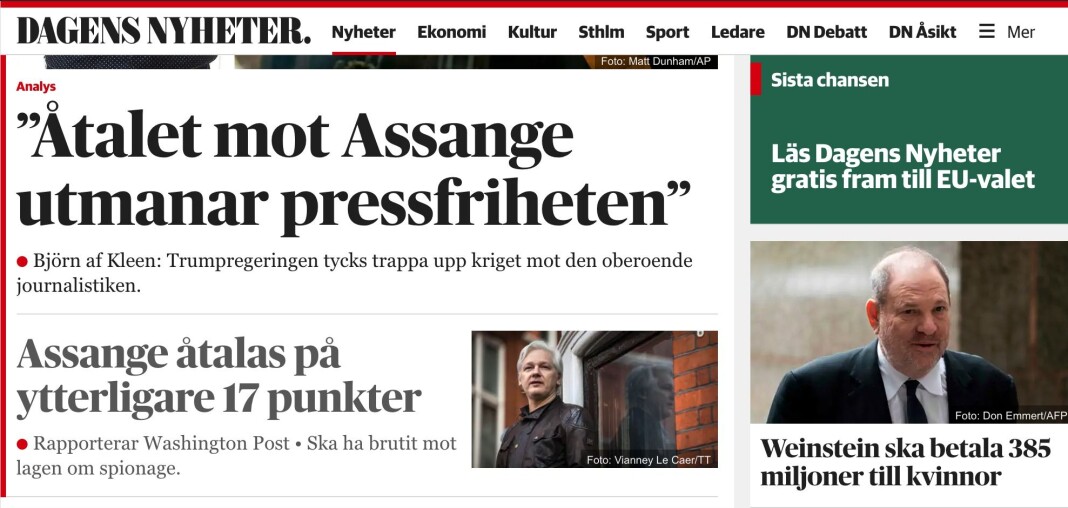 Svenske Dagens Nyheter operer med tre forskjellige betalingsmurer. Skjermdump DN.se Svenske Dagens Nyheter operer med tre forskjellige betalingsmurer. Skjermdump DN.se