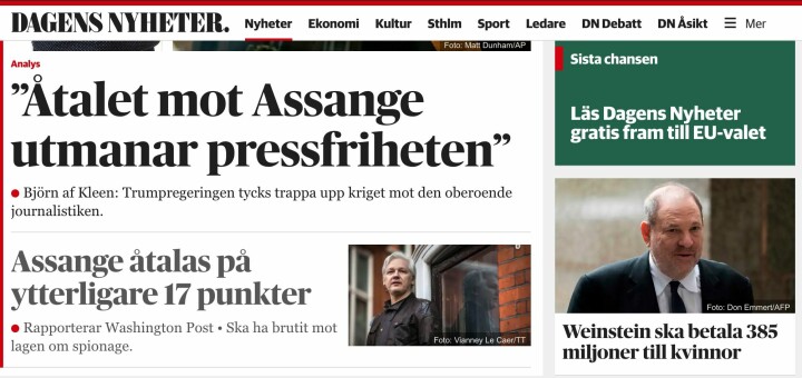 Svenske Dagens Nyheter operer med tre forskjellige betalingsmurer. Skjermdump DN.se