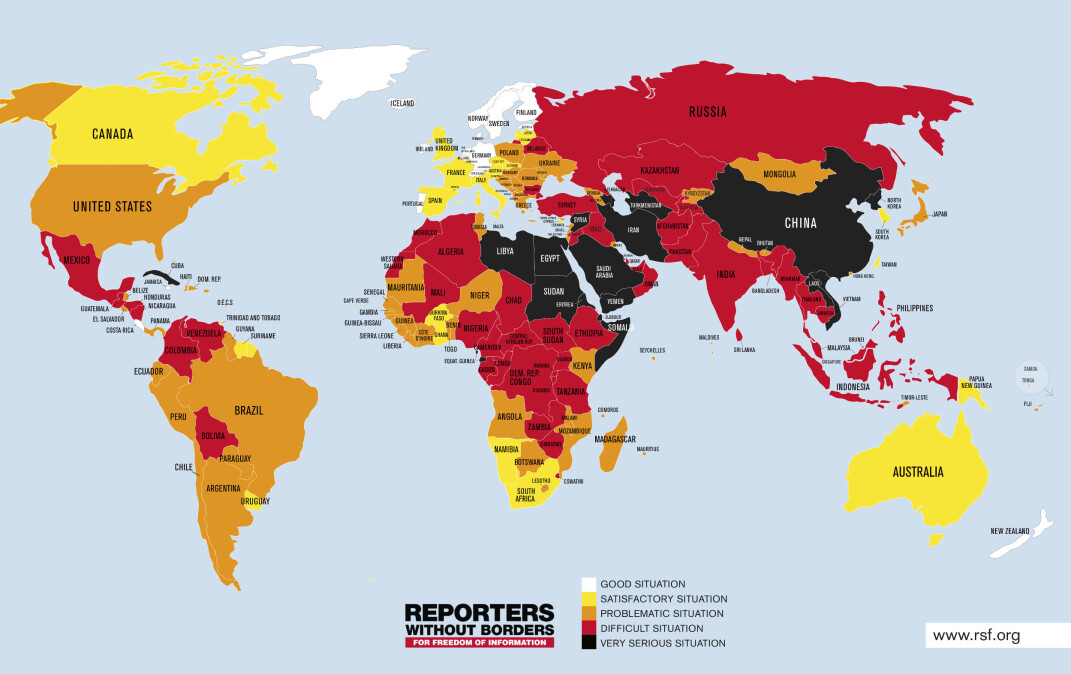 Pressefrihet i verden 2019, basert på Reportere uten grensers pressefrihetsindeks. Kilde: Reportere uten grenser, rsf.org Pressefrihet i verden 2019, basert på Reportere uten grensers pressefrihetsindeks. Kilde: Reportere uten grenser, rsf.org