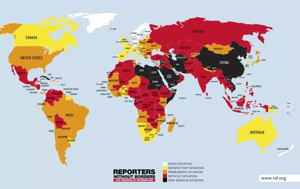 Pressefrihet i verden 2019, basert på Reportere uten grensers pressefrihetsindeks. Kilde: Reportere uten grenser, rsf.org