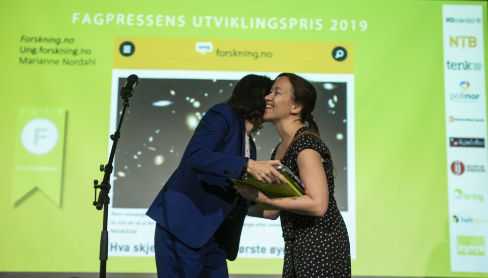 Fagpressens utviklingspris 2019 går til forskning.no for Ung.forskning.no. Foto: Kristine Lindebø Fagpressens utviklingspris 2019 går til forskning.no for Ung.forskning.no. Foto: Kristine Lindebø