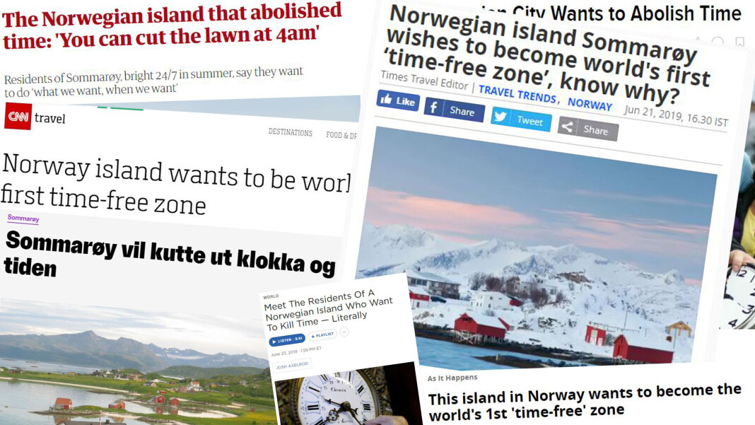 Vellykket kampanje eller rent lureri? Over 1400 medier over hele verden har skrevet om Sommarøy som ville fjerne tiden. Fotomontasje. Vellykket kampanje eller rent lureri? Over 1400 medier over hele verden har skrevet om Sommarøy som ville fjerne tiden. Fotomontasje.