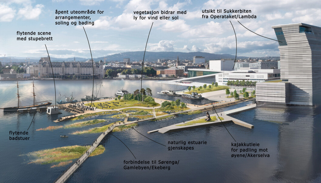 Slik ser Sukkerbitens venner for seg at det kan se ut. Laget av Adrian Lombardo, Link Arkitektur. 3D-modell Bjørvika utvikling Slik ser Sukkerbitens venner for seg at det kan se ut. Laget av Adrian Lombardo, Link Arkitektur. 3D-modell Bjørvika utvikling