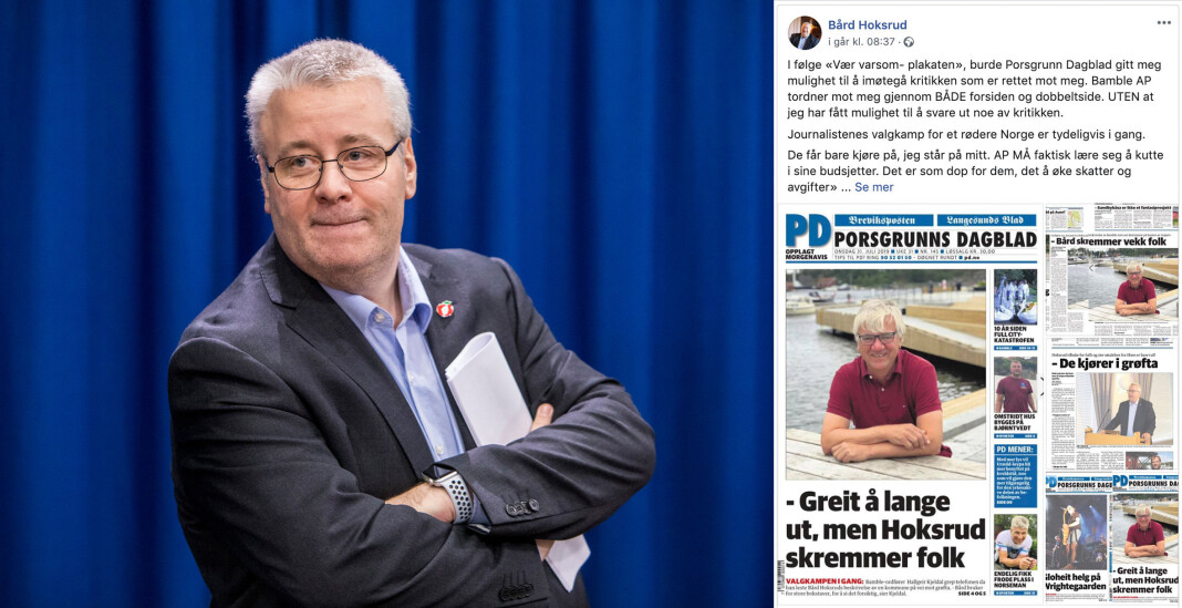 Leder Fredrik Nordahl i Norsk Journalistlag i Telemark kritiserer Bård Hoksrud (Frp). Foto: NTB scanpix / skjermdump fra Facebook Leder Fredrik Nordahl i Norsk Journalistlag i Telemark kritiserer Bård Hoksrud (Frp). Foto: NTB scanpix / skjermdump fra Facebook