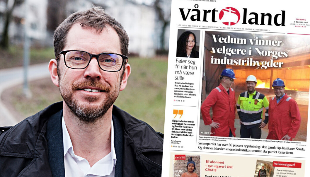 Vårt Land får kritikk for bildet på denne forsiden. Redaktør Bjørn Kristoffer Bore tar selvkritikk. Bildet av han er også et pressebilde distribuert av Vårt Land tidligere. Foto: Adrian Nielsen/Vårt Land og faksimile Vårt Land får kritikk for bildet på denne forsiden. Redaktør Bjørn Kristoffer Bore tar selvkritikk. Bildet av han er også et pressebilde distribuert av Vårt Land tidligere. Foto: Adrian Nielsen/Vårt Land og faksimile