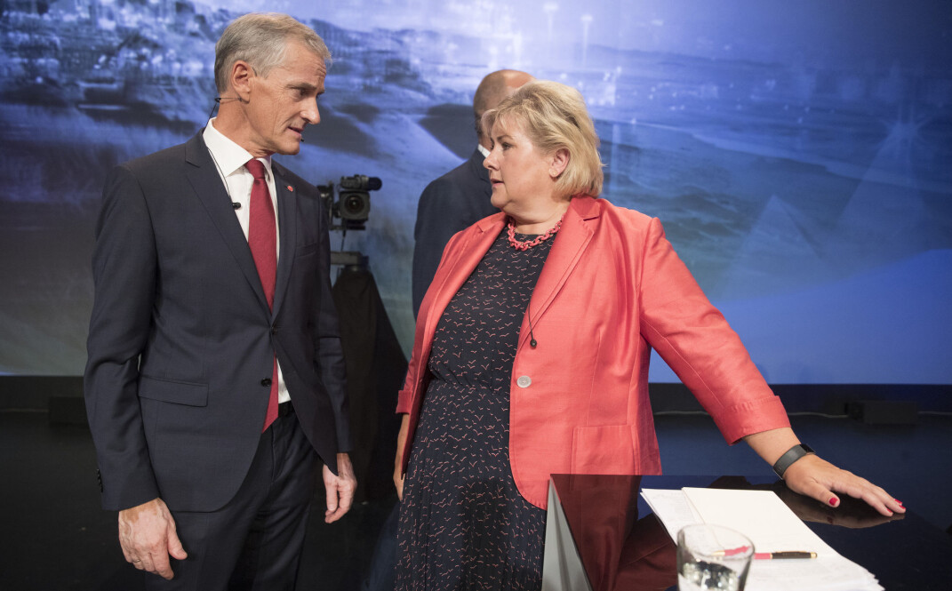 Ap-leder Jonas Gahr Støre og Høyre-leder og statsminister Erna Solberg (H) skal mandag igjen barke sammen under partilederdebatten i Arendal. Her fra fjorårets debatt. Foto: Terje Pedersen / NTB scanpix Ap-leder Jonas Gahr Støre og Høyre-leder og statsminister Erna Solberg (H) skal mandag igjen barke sammen under partilederdebatten i Arendal. Her fra fjorårets debatt. Foto: Terje Pedersen / NTB scanpix