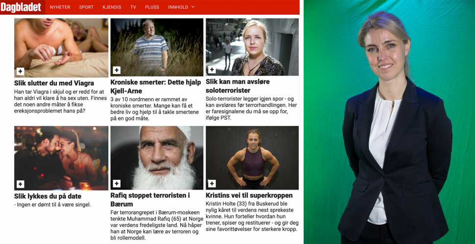 Oppfyller Dagbladet Pluss kravene for å få pressestøtte? Svaret får sjefredaktør Alexandra Beverfjord mest sannsynlig i oktober. Foto: Skjermdump fra Dagbladet Pluss og NTB scanpix