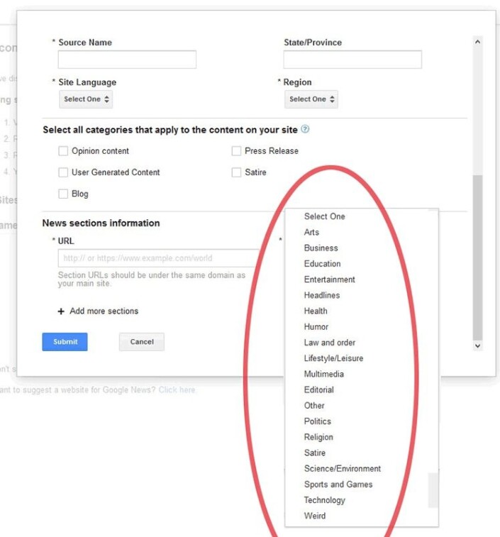 Man blir bedt om å velge type nyheter man driver men. Generelle nyheter er ikke noe alternativ. Man blir bedt om å velge type nyheter man driver men. Generelle nyheter er ikke noe alternativ.