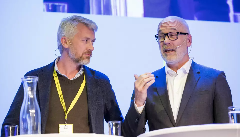 TV 2-sjef Olav T. Sandnes (t.v.) og kringkastingssjef Thor Gjermund Eriksen. Foto: NTB Scanpix