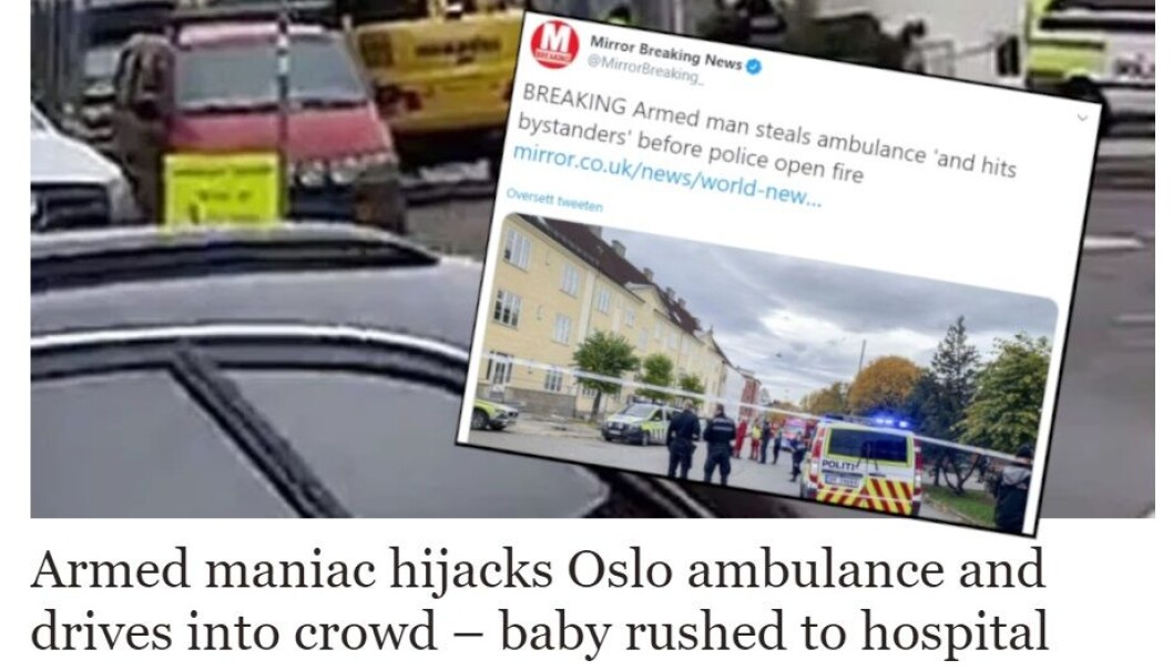 Situasjonen på Torshov i Oslo ble raskt dekket av også internasjonale nettaviser som Daily Mirror og Express. Foto: Skjermdump / montasje Situasjonen på Torshov i Oslo ble raskt dekket av også internasjonale nettaviser som Daily Mirror og Express. Foto: Skjermdump / montasje