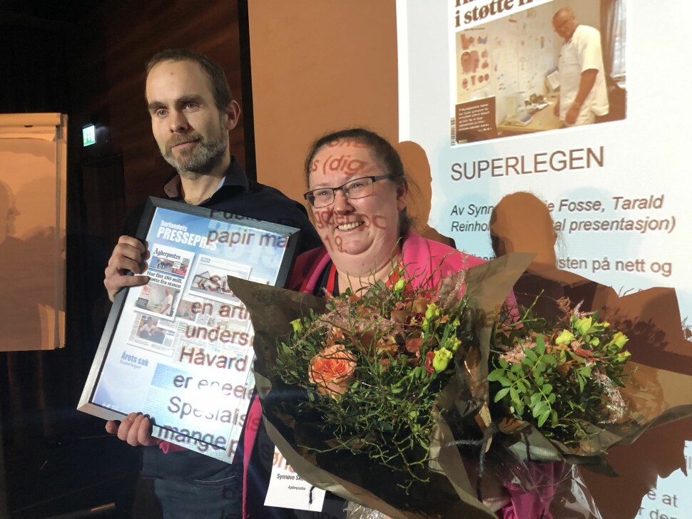 Synnøve Skeie Fosse og Tarald Reinholt Aas vant for årets sak. Foto: Knut Knudsen Eigeland / Hustri