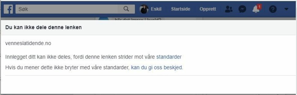 Denne beskjeden fikk Journalisten da vi onsdag ettermiddag forsøkte å dele en sak fra Vennesla Tidende på Facebook.