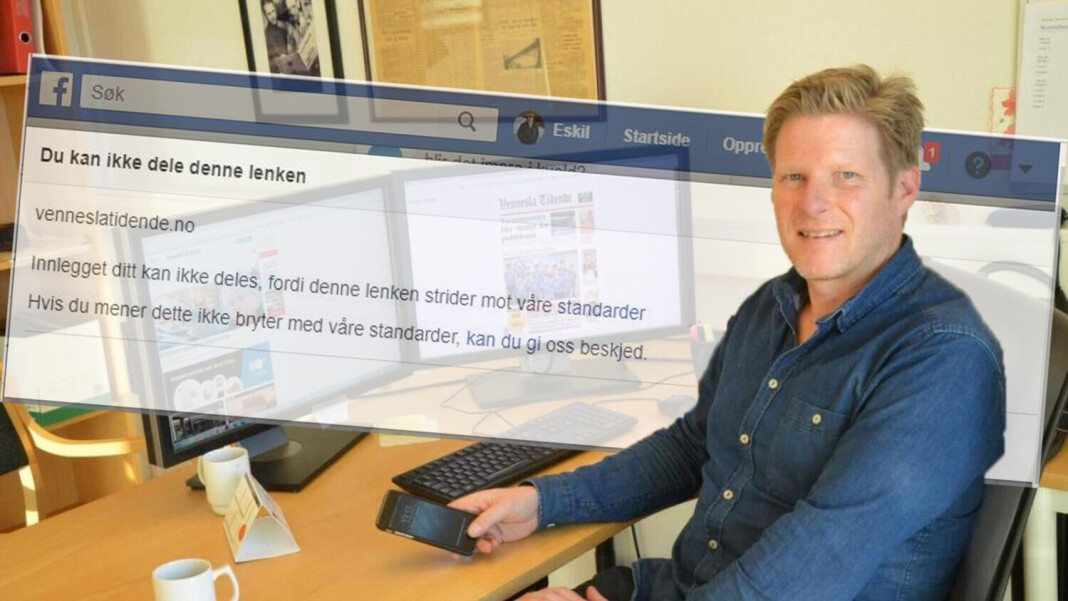 Redaktør Christopher Johansen i Vennesla Tidende opplevde at avisen ble utestengt fra Facebook i over fem dager. Redaktør Christopher Johansen i Vennesla Tidende opplevde at avisen ble utestengt fra Facebook i over fem dager.