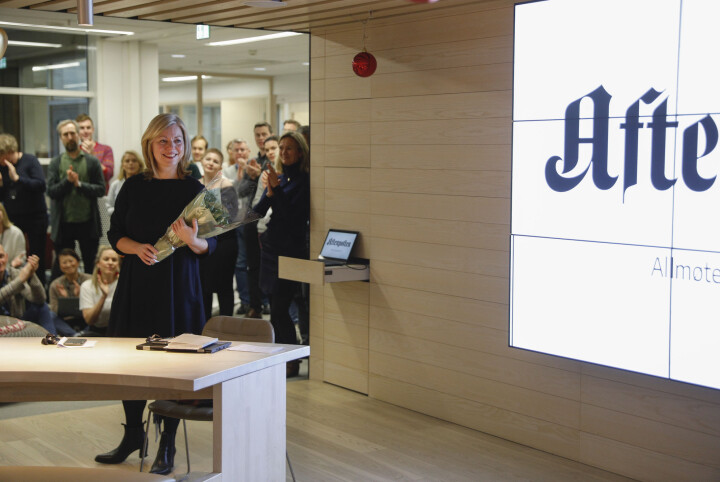 Påtroppende sjefredaktør Trine Eilertsen på allmøtet i Aftenposten i dag. Påtroppende sjefredaktør Trine Eilertsen på allmøtet i Aftenposten i dag.