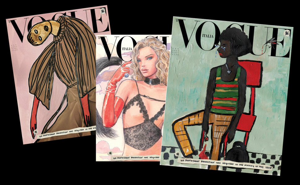 Slik ser tre av de sju ulike magasinforsidene av italienske Vogue ut i januar 2020, som kommer tirsdag.