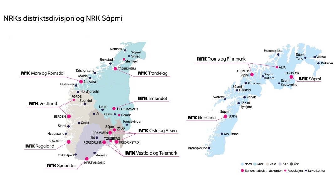 NRKs distriktsdivisjon er spredt utover hele landet. NRKs distriktsdivisjon er spredt utover hele landet.