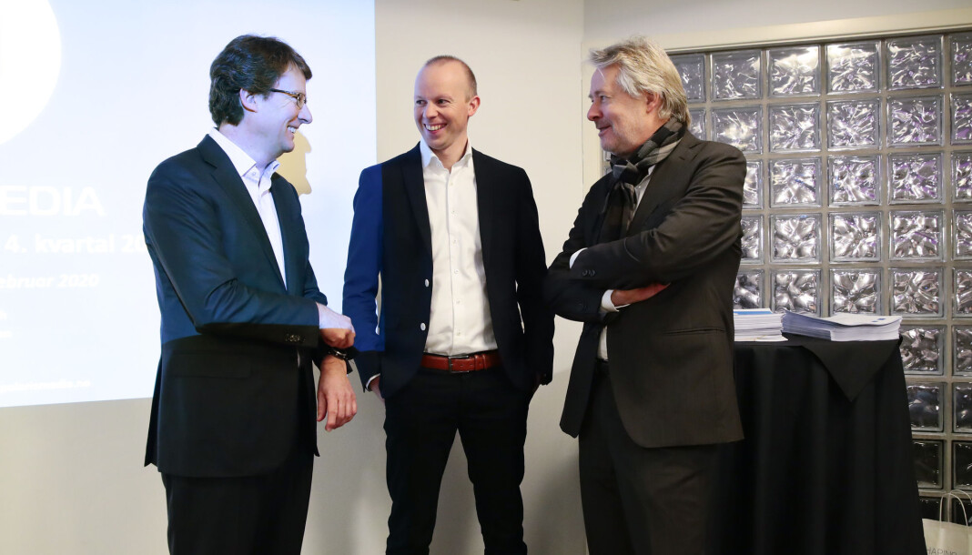 Toppene i Polaris Media går midlertidig ned i lønn på grunn av koronakrisa. Her ved konsernsjef Per Axel Koch (t.v), konstitutert finansdirektør Håkon Brækken og styreleder Torry Pedersen under presentasjon av konsernets resultater for fjerde kvartal i 2019. Toppene i Polaris Media går midlertidig ned i lønn på grunn av koronakrisa. Her ved konsernsjef Per Axel Koch (t.v), konstitutert finansdirektør Håkon Brækken og styreleder Torry Pedersen under presentasjon av konsernets resultater for fjerde kvartal i 2019.