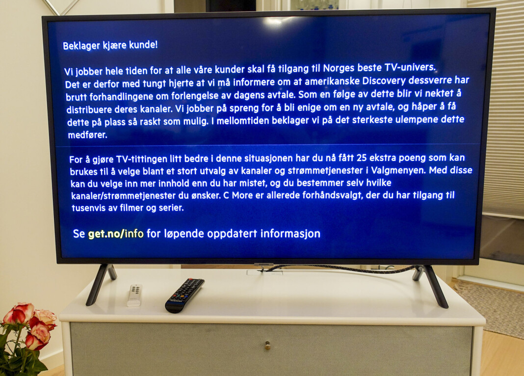 Tirsdag mistet over én million nordmenn Discoverys kanaler etter at forhandlingene med Get-eier Telia ble brutt. Torsdag er forhandlingene tatt opp igjen. Tirsdag mistet over én million nordmenn Discoverys kanaler etter at forhandlingene med Get-eier Telia ble brutt. Torsdag er forhandlingene tatt opp igjen.