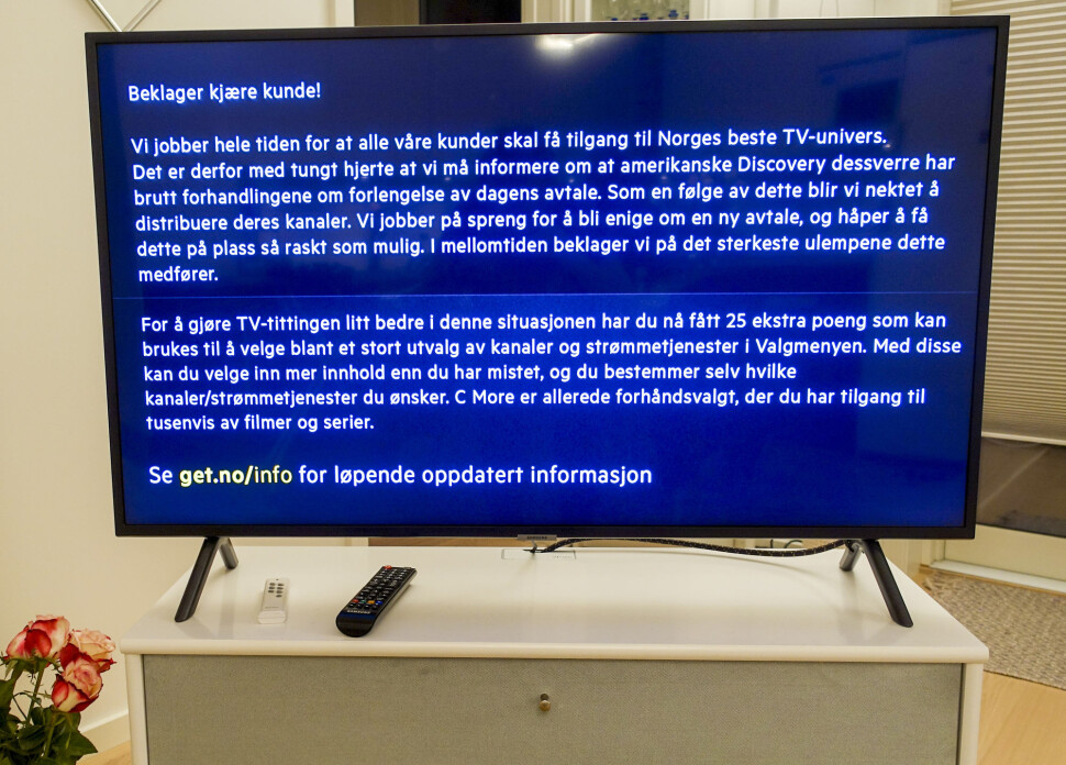 Tirsdag mistet over én million nordmenn Discoverys kanaler etter at forhandlingene med Get-eier Telia ble brutt. Torsdag er forhandlingene tatt opp igjen. Tirsdag mistet over én million nordmenn Discoverys kanaler etter at forhandlingene med Get-eier Telia ble brutt. Torsdag er forhandlingene tatt opp igjen.