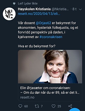 Høyskolen Kristiania beklaget dette Twitter-innlegget. Høyskolen Kristiania beklaget dette Twitter-innlegget.