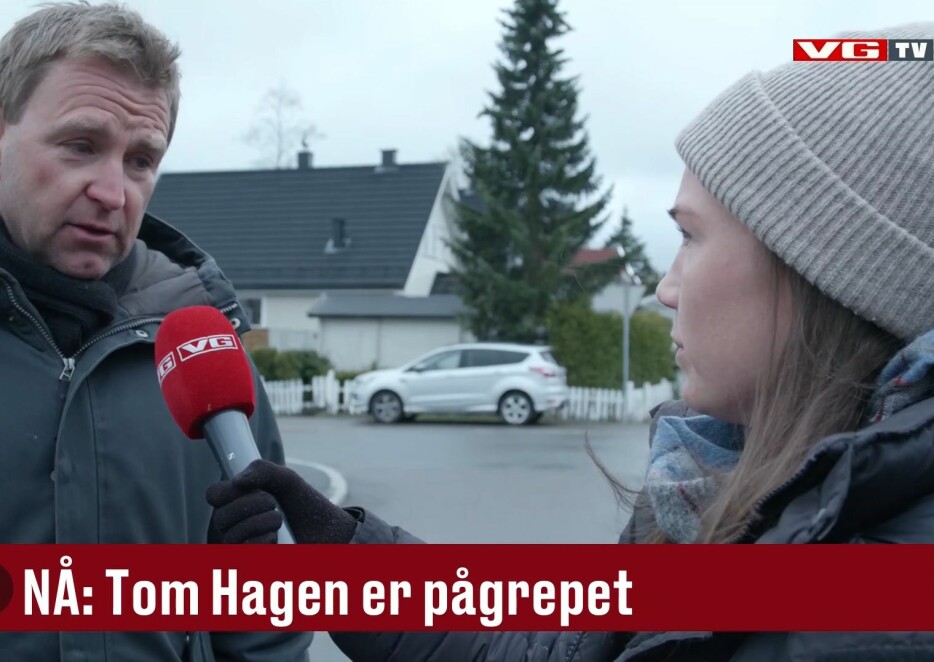 Krimkommentator Øystein Milli intervjues av videjournalist Natalie Remøe Hansen der Tom Hagen ble pågrepet tirsdag.