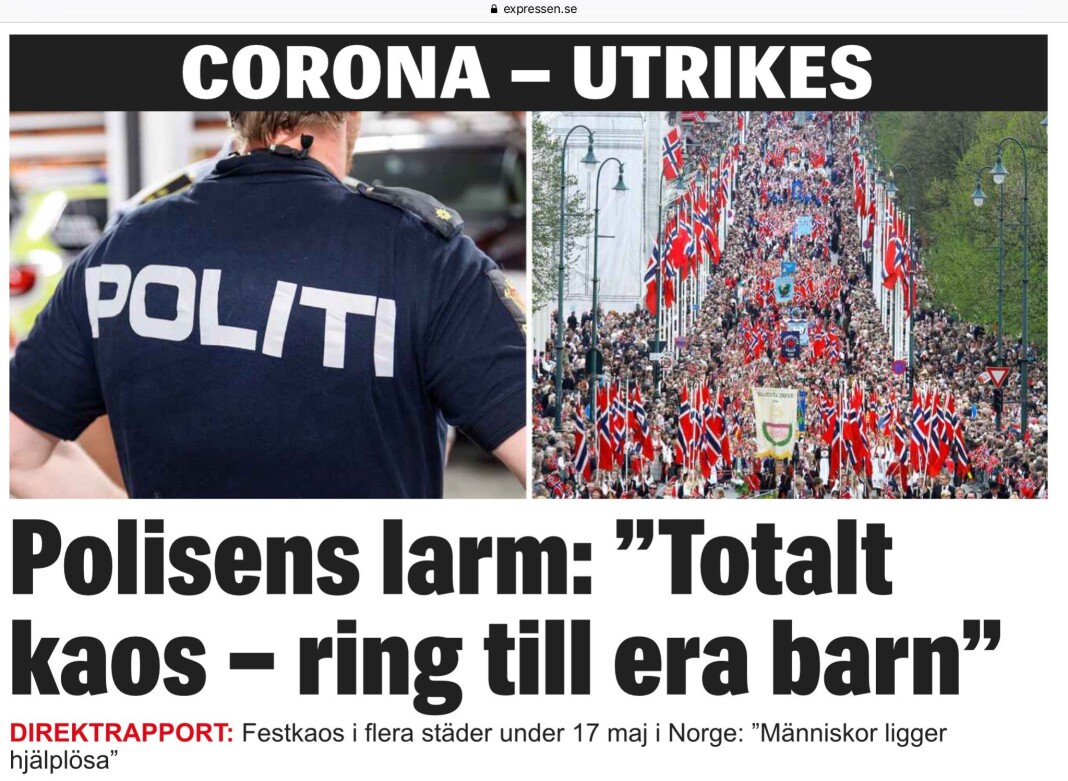 Expressen slo stort opp at det var festkaos i Norge på 17. mai, med et bilde av nasjonaldagen i Oslo i 2013. Expressen slo stort opp at det var festkaos i Norge på 17. mai, med et bilde av nasjonaldagen i Oslo i 2013.