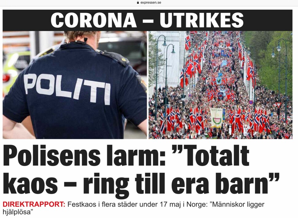 Expressen slo stort opp at det var festkaos i Norge på 17. mai, med et bilde av nasjonaldagen i Oslo i 2013.