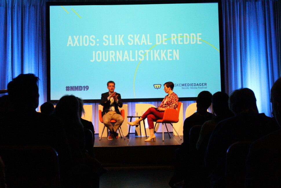 Axios' sjefredaktør Nicholas Johnston i samtale med DNs Ingeborg Volan under Nordiske Mediedager 2019. Axios' sjefredaktør Nicholas Johnston i samtale med DNs Ingeborg Volan under Nordiske Mediedager 2019.