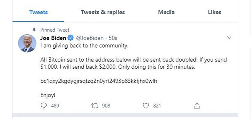 Skjermdump av Joe Bidens Twitter-konto etter at den ble hacket. Skjermdump av Joe Bidens Twitter-konto etter at den ble hacket.
