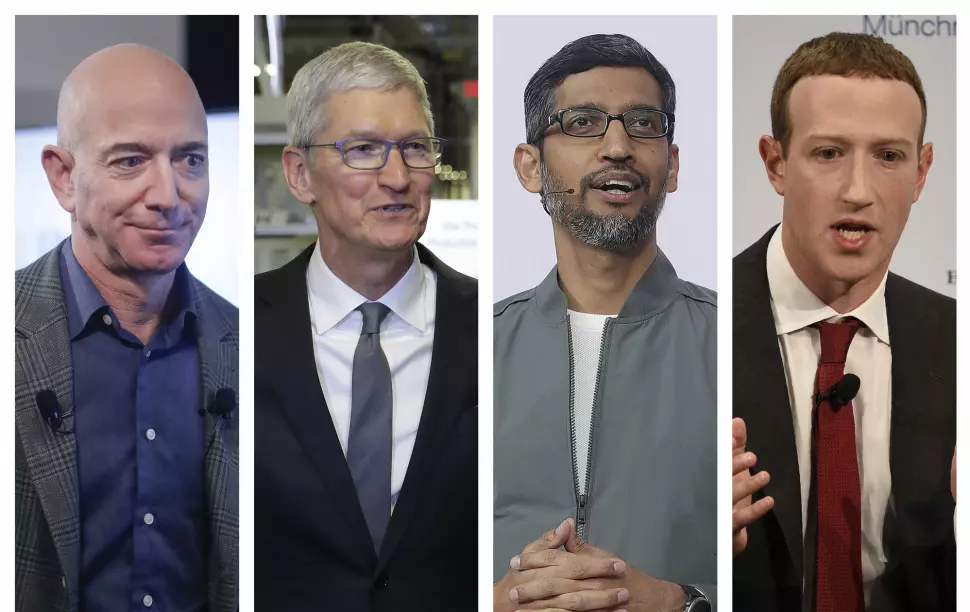 De fire mektige topplederne Jeff Bezos (Amazon), Tim Cook (Apple), Sundar Pichai (Google) og Mark Zuckerberg (Facebook) skal forklare seg for Kongressen onsdag.