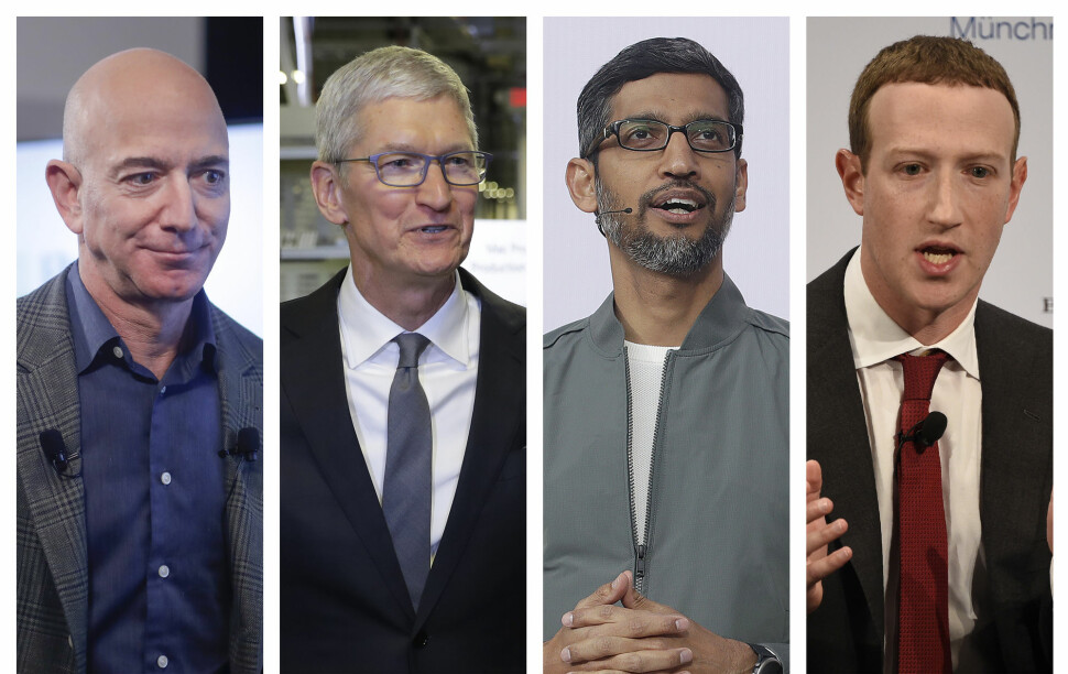 De fire mektige topplederne Jeff Bezos (Amazon), Tim Cook (Apple), Sundar Pichai (Google) og Mark Zuckerberg (Facebook) skal forklare seg for Kongressen onsdag.