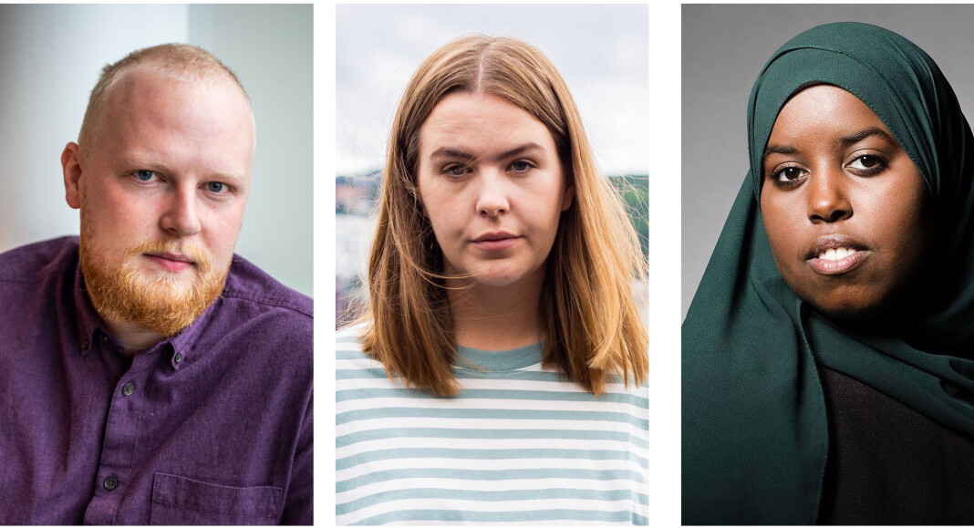 Markus Slettholm (25), debattansvarlig i Morgenbladet, Selma Moren (24), debattansvarlig i Dagsavisen og Sumaya Jirde Ali (22 ), samfunnsdebattant. Markus Slettholm (25), debattansvarlig i Morgenbladet, Selma Moren (24), debattansvarlig i Dagsavisen og Sumaya Jirde Ali (22 ), samfunnsdebattant.